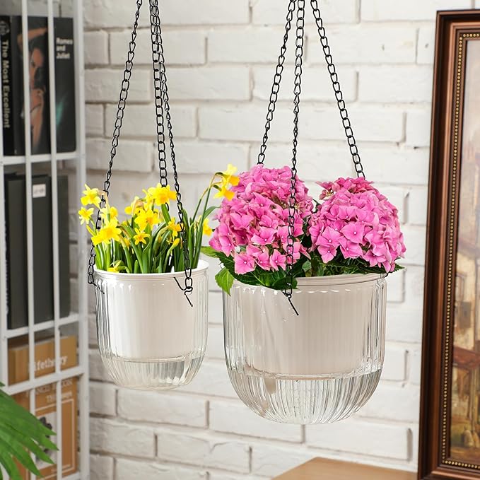 Maxcheck 4 Pcs Self Watering Hanging Planters Indoor Gift 6.5'' 4.5'' Hanging Flower Pots Baskets Outdoor Self Watering Plant with 3hooks Drainage Holes for Home