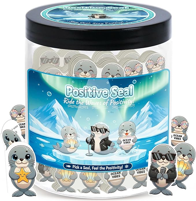 Positive Seal Jar with 60 Affirmation Cards, Emotional Support Seal, Teacher Appreciation Gift, Mental Health and Office Decor, Funny Gift for Boys and Birthdays
