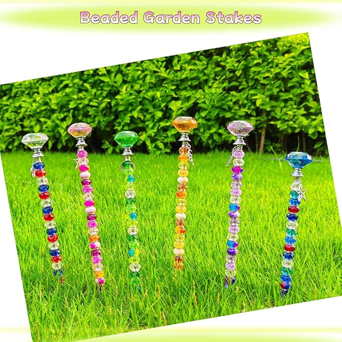 290Pcs Beaded Garden Stakes Kit - DIY Fairy Wand Garden Stake Beads Kit with 240 Colorful Large Hole Beads, Fairy Garden Accessories Outdoor for Different Festivals (6Diamonds & 6Balls)