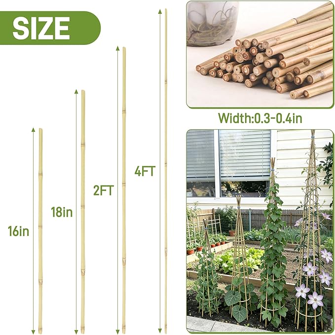 0.32”-0.4"/ 4 Feet Garden Stakes, Natural Bamboo Sticks Plant Stakes for Indoor and Outdoor Plants，Poles for Tomatoes, Beans, Potted Plants(50Pcs)