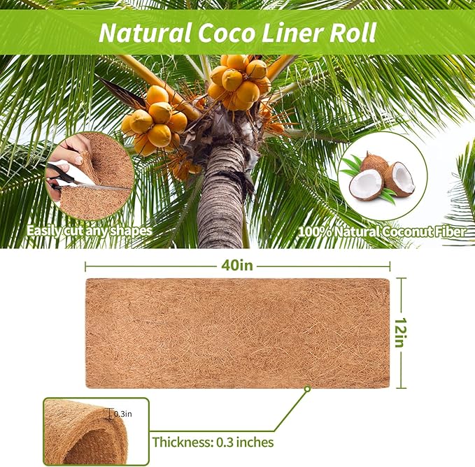 Legigo 12X40 Inch Natural Coco Liner Roll, Coconut Liners for Planter Window Box Hanging Basket, Coconut Coir Roll Coco Fiber Mat for Garden Decoration DIY Moss Poles Pet Pad Reptiles Carpet
