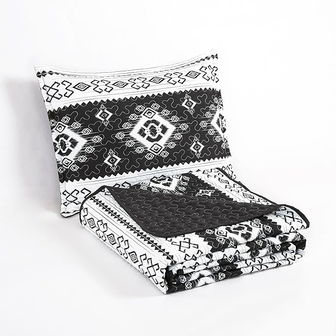 Chezmoi Collection Indie 3-Piece Southwestern Aztec Quilt Set - Black White Geometric Symbols Printed Microfiber Lightweight Quilted Bedspread Set, Queen (100" x 95")