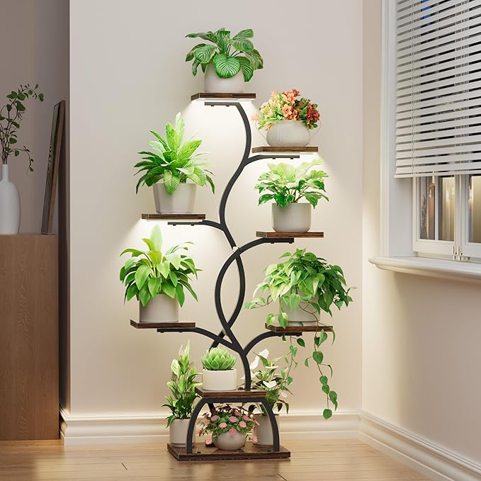 EVAWOO Plant Stand Indoor with Grow Light - 8 Tiered Plant Shelf Indoor, Corner Plant Stand, 49" Tall Plant Shelf with Lights for Indoor Growing, Lighted Flower Holder for Living Room, Balcony, Black
