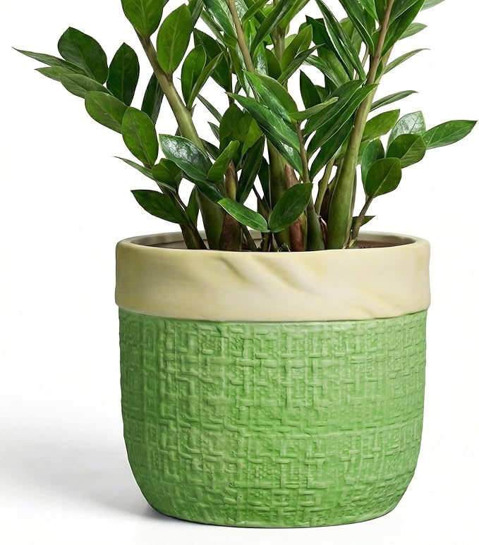 Ceramic Pots for Plants - 9.8 Inch Planter for Indoor Outdoor Plants, Ceramic Planter with Drainage Hole and Plug, Boho Decorative Flower Pot, Home Patio Decor, Plant Lover Gifts, Green