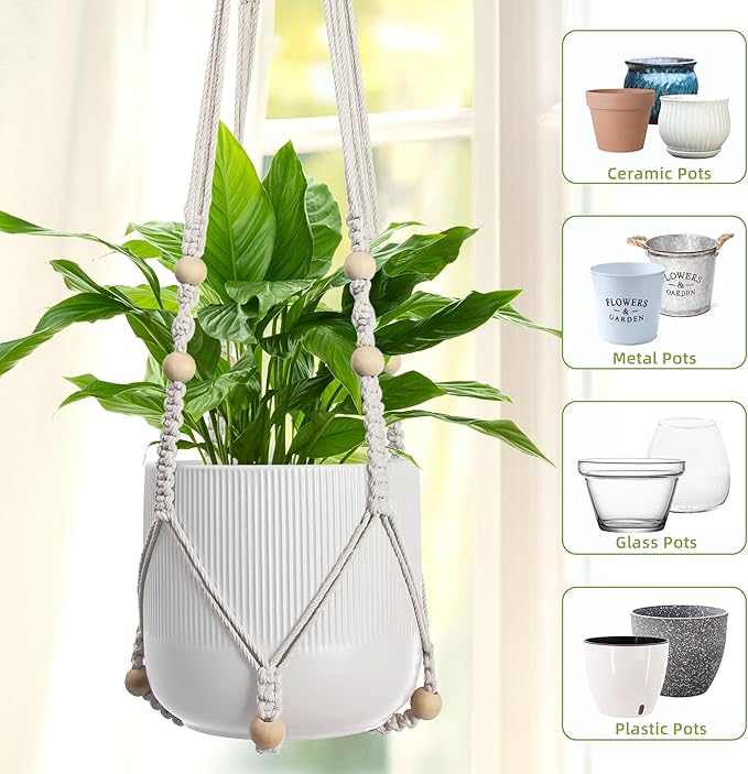 EWPJDK 3 PCS Macrame Plant Hanger Indoor Hanging Planter Basket with Wood Beads Plants Holder Decorative Flower Pot Holder (POTS NOT Included) (Ivory White)