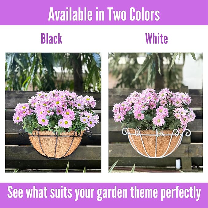 Shoplala Wall Planters Outdoor Plants (2 Pack, 10 Inch) White Metal Wall Mounted Flower Basket with Coco Liner, Balcony Planters Railing Hanging Fence Planter Wire Deck Porch Patio Modern Garden Decor