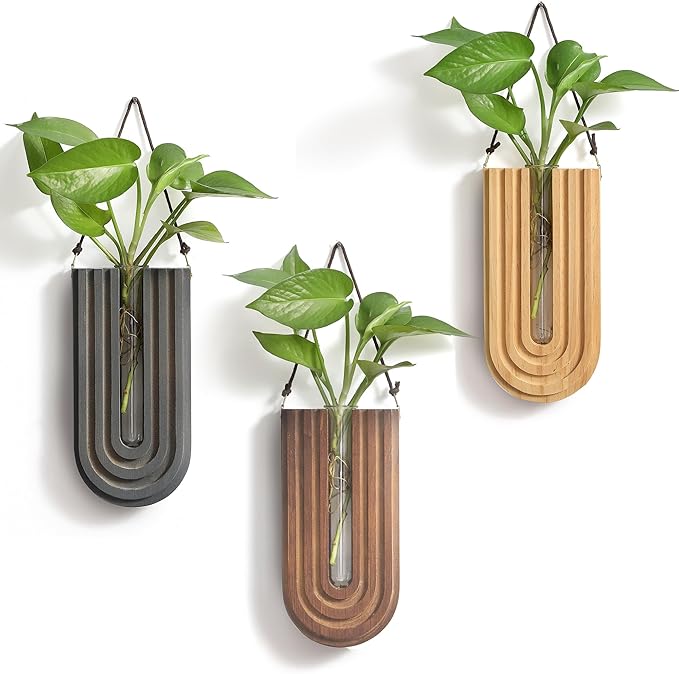 GRID FORTE Wood Wall Planter Indoor, Propagation Station, Wooden Hanging Vase for Dried Flowers, Plant Holder, Boho Wall Décor for Living Room Rainbow U Shape (Set of 3)