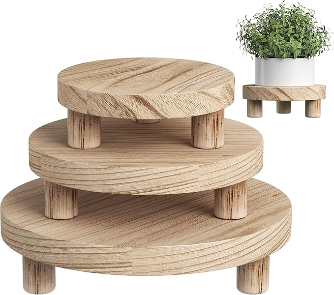 3 Pcs Wood Plant Stand Indoor Outdoor, Wooden Stool Display Stand 6/8/10" Round Riser Flower Pot Holder Small Planter Tray Modern Potter Decorative for Garden Desktop Home Table Counter Room, Natural