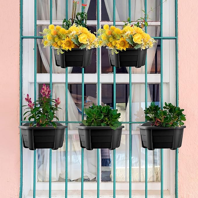 EBOOT 6 Pcs 9.8 Inch Wall Hanging Planters Pots for Indoor Plants Fence Plastic Flower Planters Outdoor with S Hooks for Balcony Rails (Dark Coffee)