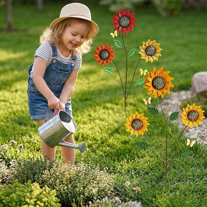 Metal Flowers for Outside, 30-Inch Iron Sunflower Garden Stakes Set of 2, Colorful Metal Yard Art for Outdoor and Garden, Decorative Garden Stakes for Patio & Lawn Decor