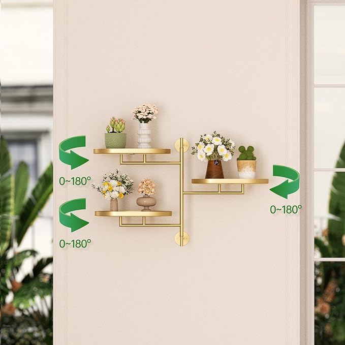 YQSLYSF Window Rotating Plant Stand Shelf Indoor Gold Metal Floating Shelves 3-Tier Wall Mount Plant hanger Holders for Wall Planter Modern Home Decor window sill gifts