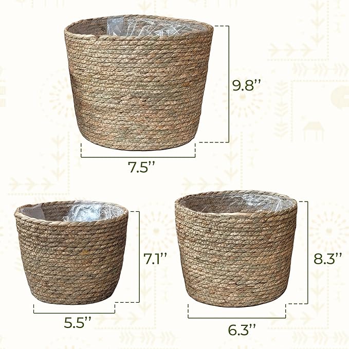 Set of 3 Woven Seagrass Planter Baskets – Handwoven Decorative Storage Baskets for Indoor Plants, Boho Home Decor, Living Room & Entryway Display – No Handle Design