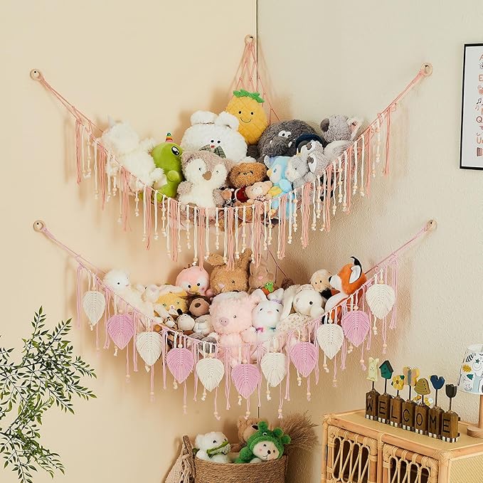 Pretty Jolly Macrame Stuffed Animal Hammock with Beads Hand Woven Leaf Tassels Corner Hanging Net Boho Holder for Kid Room Nursery Decor Easy Install Organizer for Girls Gift(Light Pink)