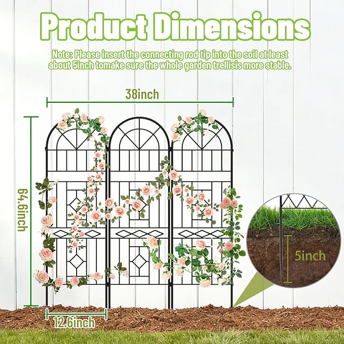 Garden Trellis for Climbing Plants, 3 Pack 38"Wx 64.6"H Rustproof Flower Trellis with Black Coating, Outdoor Climbing Rose Trellis Cucumbers Support for Courtyards Lawns (Black-Linear Shape, 3 Pieces)