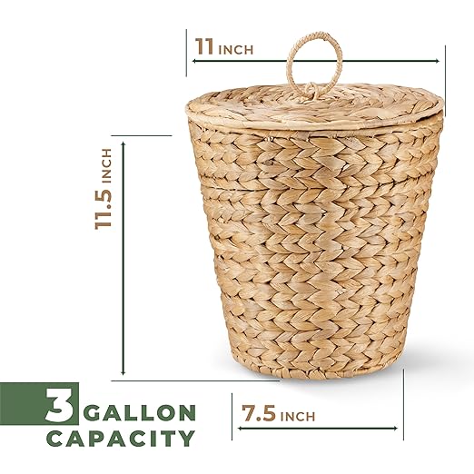 84ECO 3 Gallon Wicker Trash Can with Liner and Lid - Rattan Trash Can - Wicker Waste Basket for Bathroom, Bedroom, Kitchen, Living Room