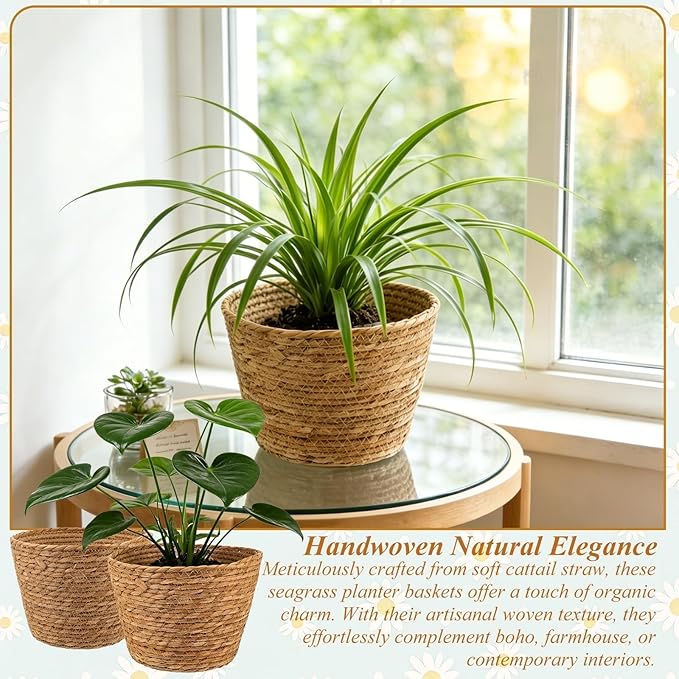 2PCS Seagrass Plant Basket for Indoor and Outdoor,Wicker Large Planter Basket for 6 inch Pot,Rattan Plant Pot Covers for Potted Plants,Woven Storage Baskets for Rustic Boho Farmhouse Decor