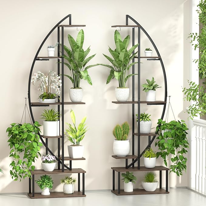 Plant Stand Shelf Indoor with 6 Grow Light, 7 Tiered 65" Tall Black Large Half Moon Lighted Plant Rack Holder, 2 Pack Big High Circular Arch Multi Herb Stand with Built in LED Grow Light Set