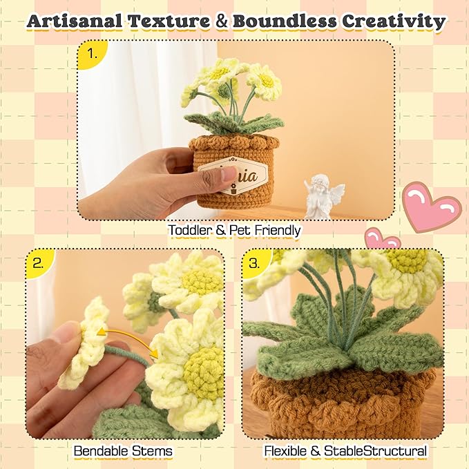 Crochet Flowers with Personalized Leather Name Tag Handmade Knitted Flowers for Home Office Desk Decor Crochet Daisy Potted Plant Crochet Gift for Women,Mom,Teacher, Friend, Birthday(Green)