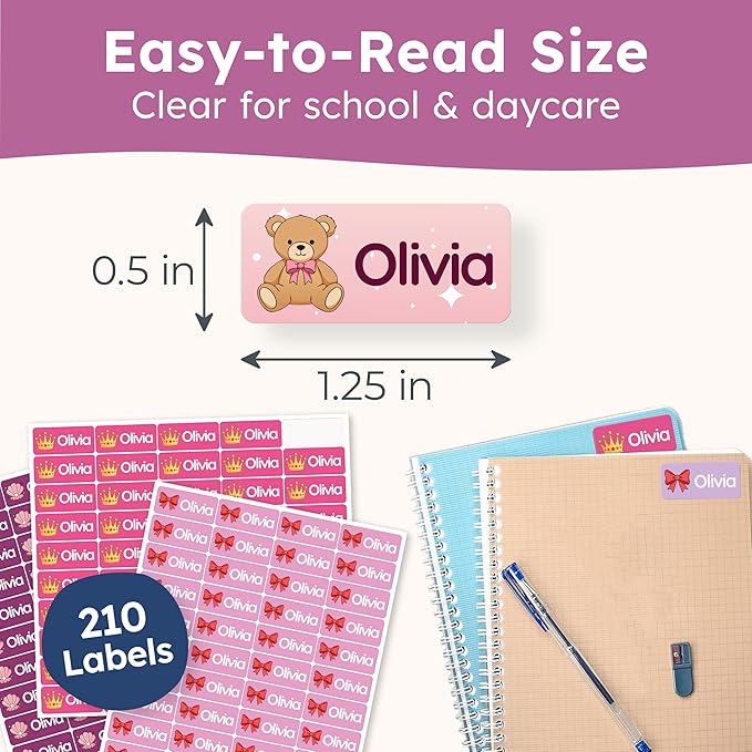 Personalized Name Labels for Kids (210 Labels) - Durable & Waterproof Custom Name Stickers for Clothing Tags, School Supplies, Camp & Daycare - Rainbow (1.2”x0.5”)
