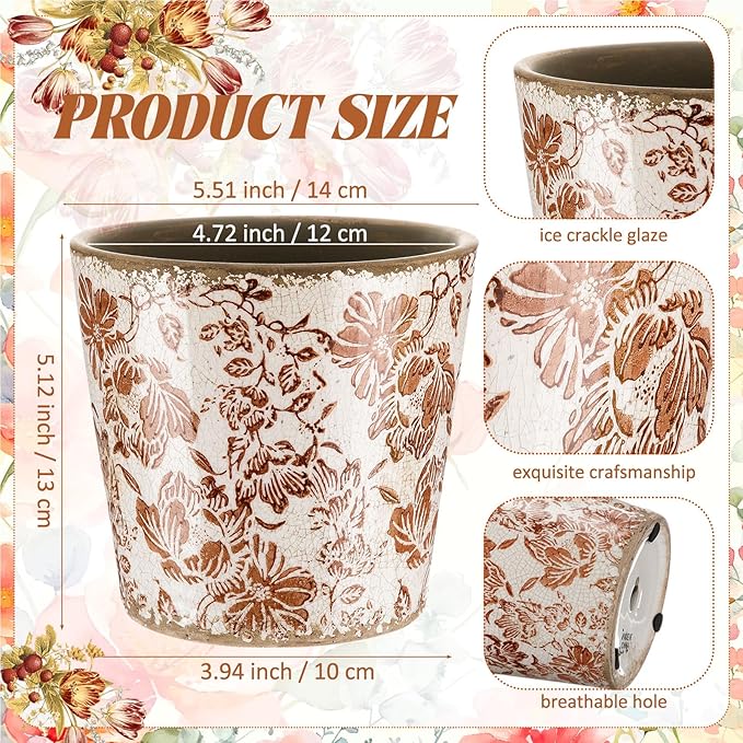 Beeveer Farmhouse Ceramic Planter 5.5 Inch Large Plants Pot Crack Beige Brown Flowers Plant Pots with Drainage Hole Indoor Plants Kitchen Rustic Antique Decor Gift