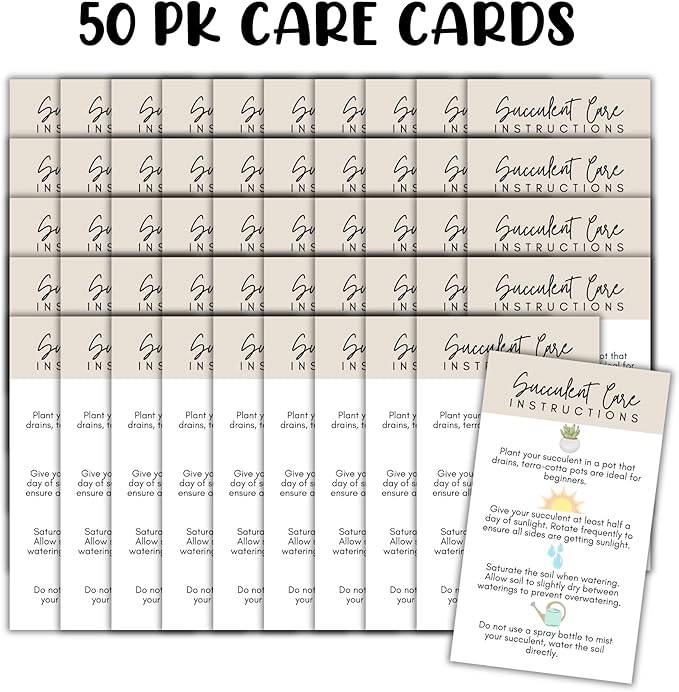 Succulent Care Instruction Cards with Icons 50pk 2x3.5” Home Propagated Plants for Sale Client Care How to Water Kit Plant Tags Labels