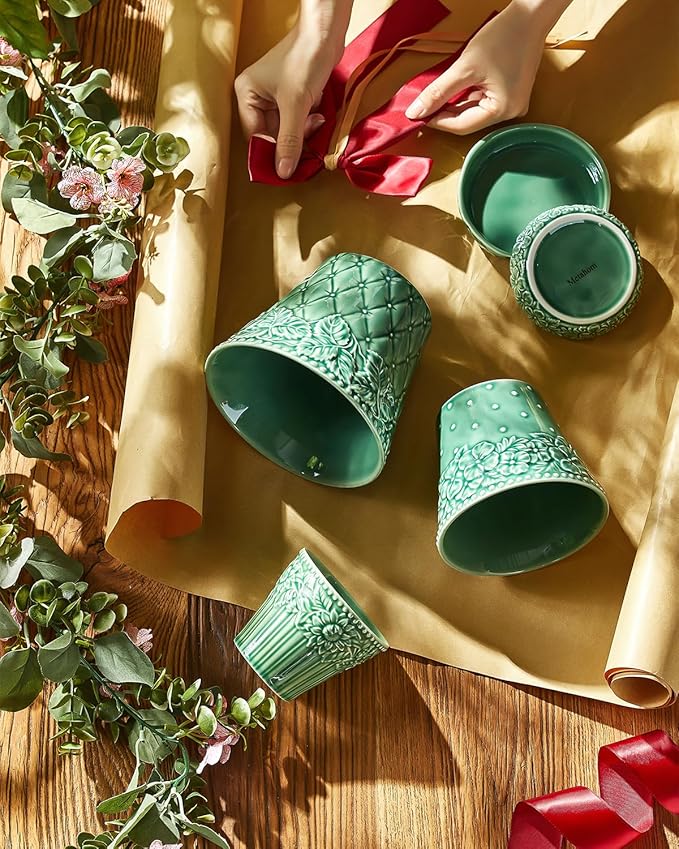 Metahom Ceramic Plant Pots, 3.8+4.9+5.8 Inch, Set of 3 Flower Pots with Drainage Hole & Saucer, Embossed Planter Pots for Indoor Plants, Home Decor, Green