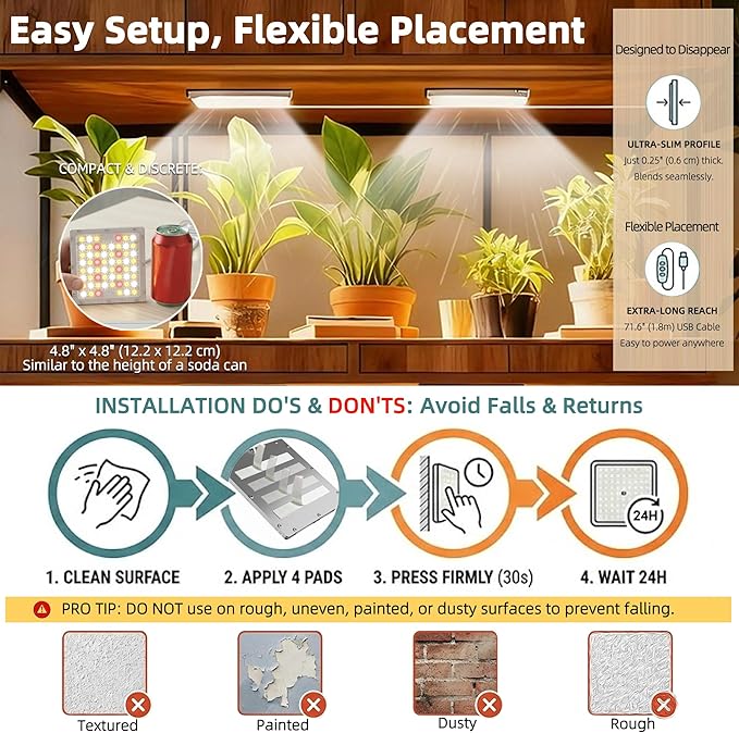 Dual Head LED Grow Light for Indoor Plants, Full Spectrum Under Cabinet Plant Light for Shelves, High PPFD Spotlight Puck with Timer & Dimmer, Stick-On Lamp for Succulents, Plant Stands & Wide Cabinet