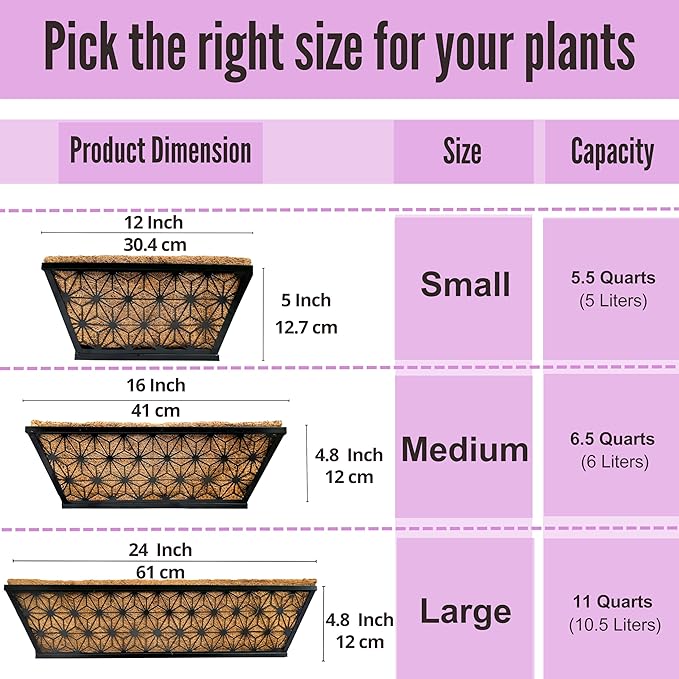 LaLaGreen Window Boxes Planter for Outdoor Plants (4 Pack, 16 Inch) Black Metal Rectangular Flower Pot Wall Planters with Coco Liner Horse Trough Deck Railings Modern Stylish Balcony Fence Porch Patio
