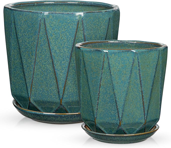 Oairse Ceramic Pots for Plants, 8+6 inch Plant Pots with Drainages Holes & Saucers Large Greyish Turquoise Ceramic Planters Decorative Flower Pot for Indoor Plants Outdoor Inoor