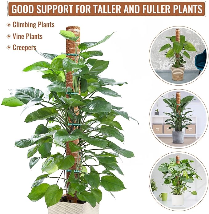 4 Pcs 12 Inches Coir Totem Pole With 8 Pcs Adjustable Plant Twist Ties - Moss Stick for Creepers Plant Support Extension, Climbing Indoor Plants