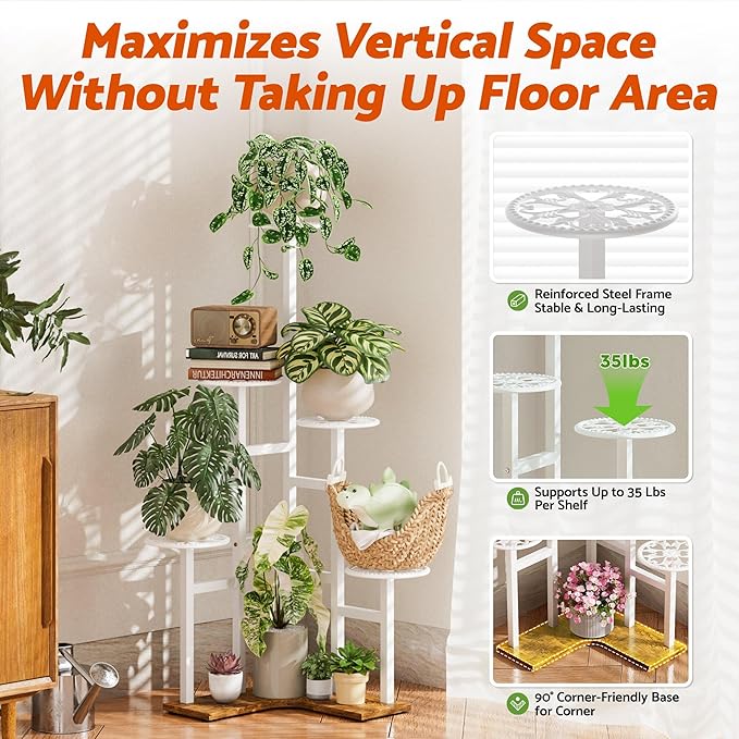 6 Tier Plant Stand Indoor Outdoor, Tall Metal Wood Shelf Tiered Planter Display Shelving Unit for Living Room Bedroom Balcony