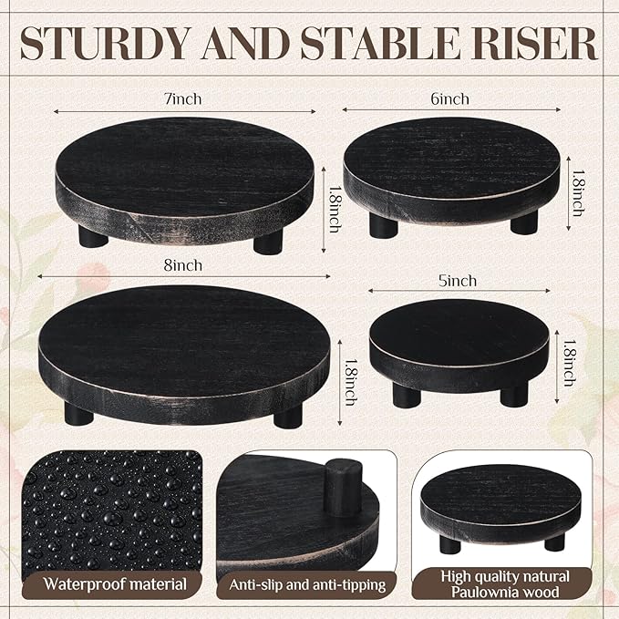 Geetery 4 Pcs Wooden Risers for Display Wood Pedestal Stand Mini Tray Stand Round Wooden Pedestal Holder Rustic Riser for Decor Tiered Tray Decor Home Kitchen, 5/6/7/8 Inch(Black)