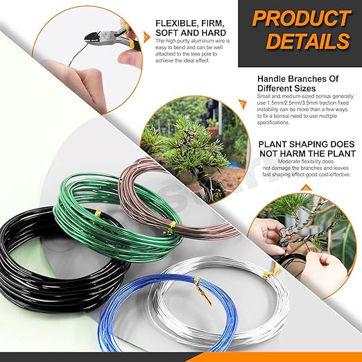 6Pcs 5 Colors Bonsai Training Wire with Wire Cutter Kit, Anodized Aluminum Bonsai Wire Tools for Holding Bonsai Plant Branches Small Trunks - 82 Feet 0.8MM 1.0MM 1.5MM 2.0MM 3.0MM