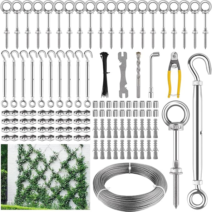 150FT Tensioned Wall Wire Trellis Kit for Climbing Plants, Kalolary T316 Stainless Steel Garden Trellis with Turnbuckle Tensioner Wall-mounted Fence Plant Trellises for Outdoor Wall Garden Fence Grape