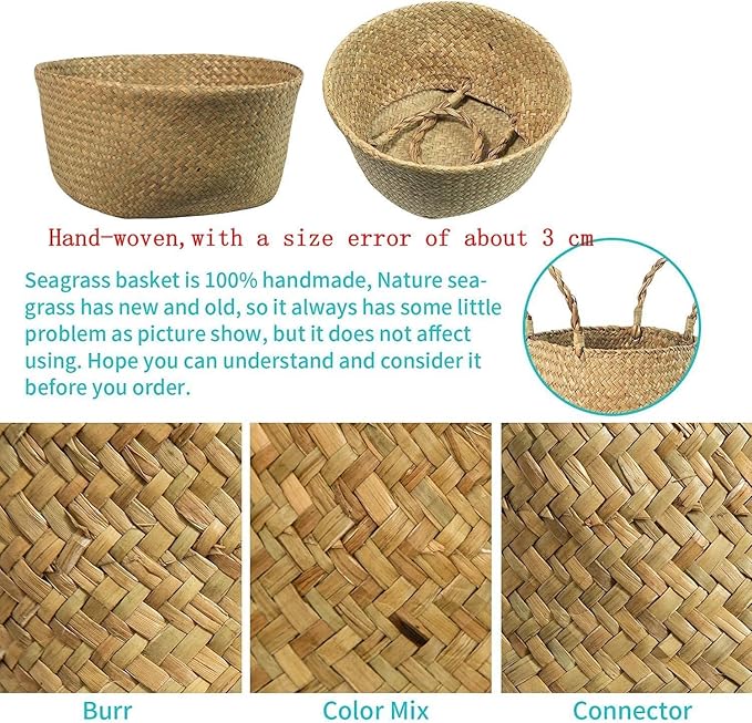 BrilliantJo Seagrass Belly Basket, Set of 2 Woven Plant Pot Holder handmade Home Decor for Storage Plants Picnic Grocery Medium(10.63 x 9.44 inch)