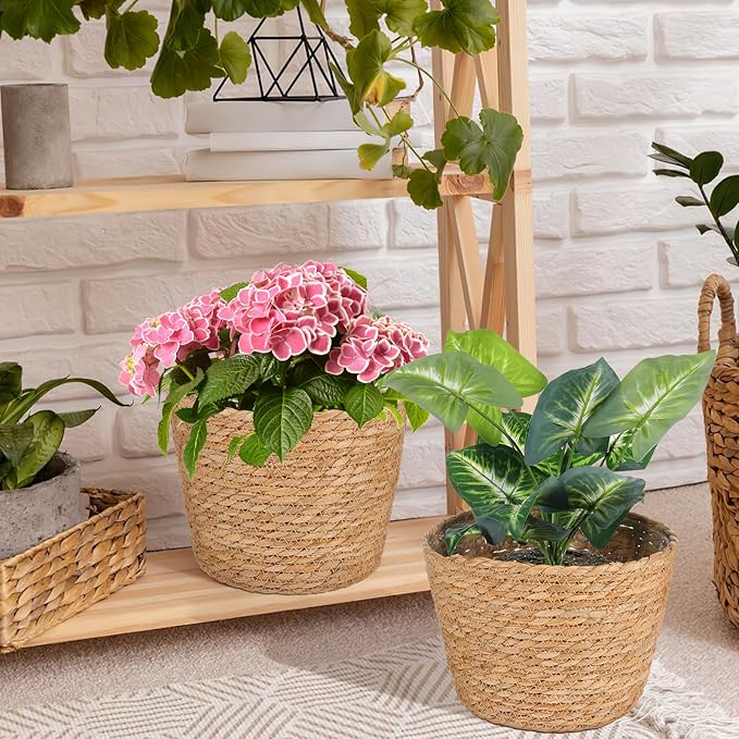 Beavorty Woven Flower Basket Plant Pot with Plastic Liner Indoor Outdoor Decorative Rattan Planter for Small Plants Succulents and Home Garden