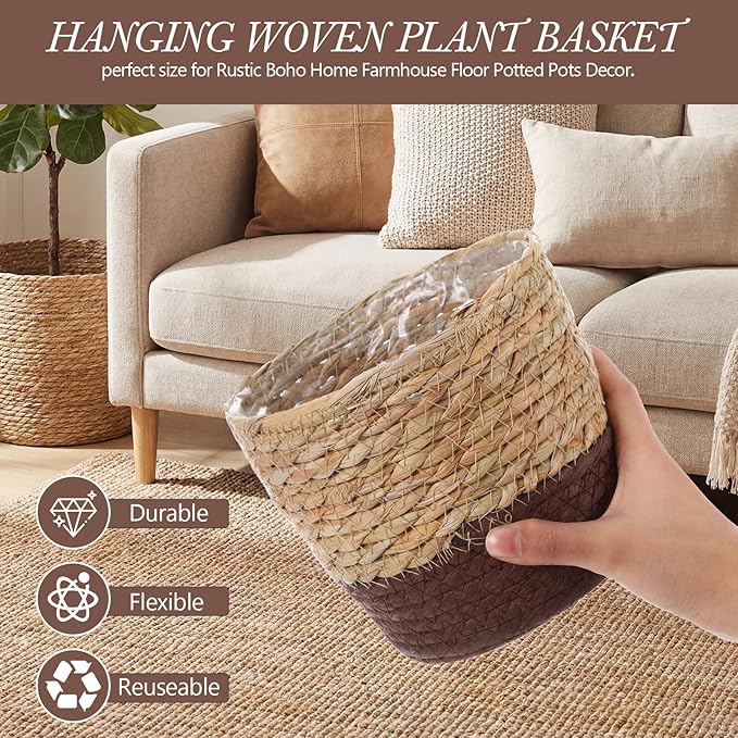 6 Pcs Seagrass Hanging Planter Basket Hand Woven Plant Basket with Plastic Liners Hanging Plant Holder Storage Containers with Cotton Rope for Indoor Garden Decor (Small,Brown,Coffee Brown)