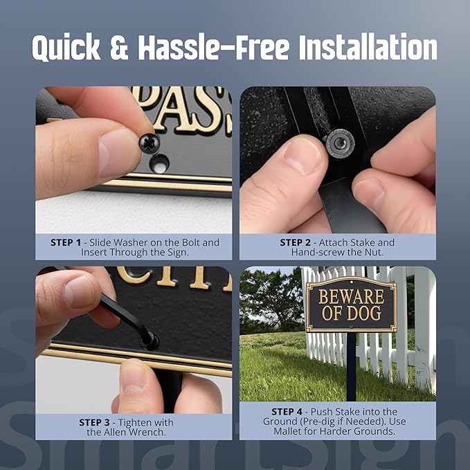 SmartSign Designer Beware of Dog Plaque/Marker/Sign with Stake 18" Tall | 5.75" x 9.5" Aluminum Metal Sign for Yard/Lawn, Gold & Black, Alumi-Shield Coating, Made in USA