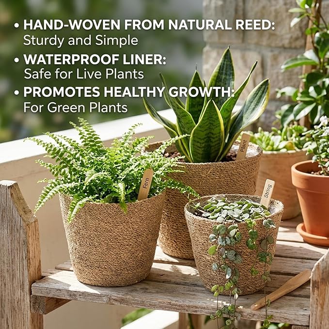 3PCS Woven Planter Rustic Seagrass Baskets with Liners for Indoor Plants Natural Rattan Plant Basket (3 Size) Set 1