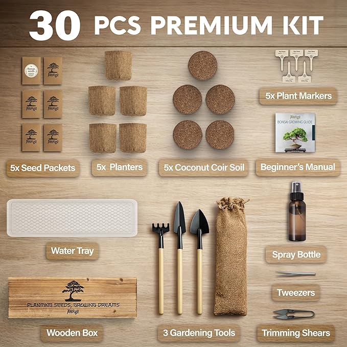 AVERGO Bonsai Tree Kit Classic - 5X Unique Japanese Bonzai Trees | Complete Indoor Bonsai Starter Kits for Growing Trees – DIY Gardening Gifts for Mother's Day, Women & Men