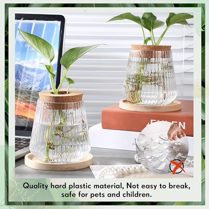 Baderke 12 Packs Propagation Vases for Plants Plastic Plant Propagation with Hole Lid and Bamboo Stand Growing in Water Hydroponic Home Office Desktop Vase Decoration