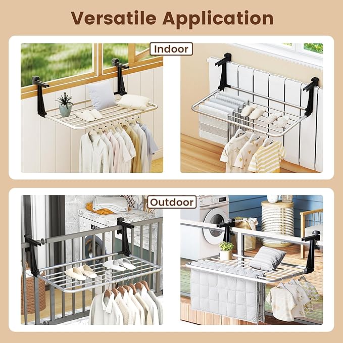 Tangkula Portable Clothes Drying Rack, Extendable Radiator Clothes Airer with Robust Aluminum Frame for Balcony Railings Windowsill, Folding Towel Rack for Indoor & Outdoor Use (Small)