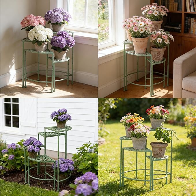 Vintage 4-Tier Metal Plant Stand for Indoor Outdoor Rustic Foldable Fan Shape Corner Plant Rack Distressed Green Flower Pot Holder Shelves for Patio Porch Garden Balcony Living Room (Green)