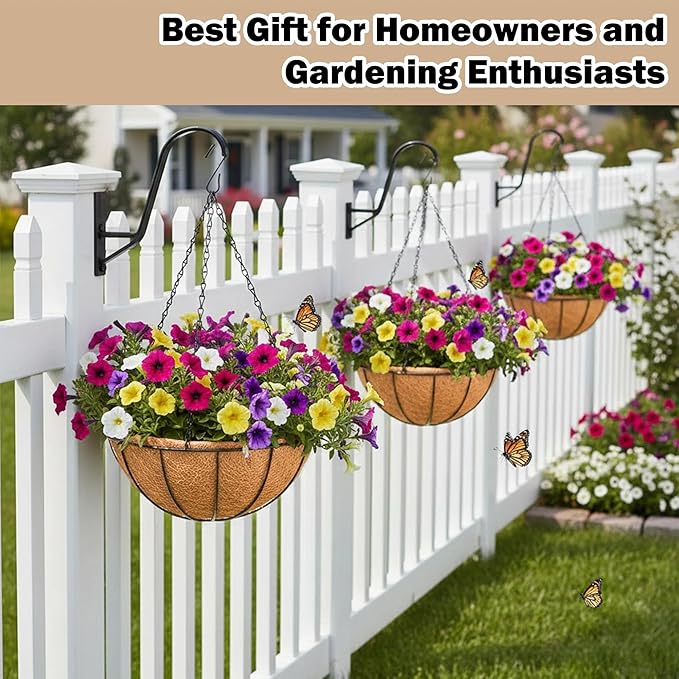 4 Pack 12 inch Hanging Baskets Planter for Plants Vegetables Flowers Outdoor Black Round Wire Plant Holder with Coco Fiber Liners Garden Balcony Patio Deck Porch Indoor Hanging Baskets