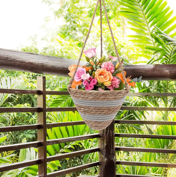 Yardwe Hanging Flower Pot Flower Pots Seagrass Hanging Planter Basket Rattan Planter Plant Orchid Flower Pot for Balcony Container Seagrass Round Planter Pots Decor Orchid Pot