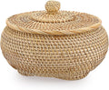Hipiwe Round Rattan Basket Box with Lid Hand-Woven Wicker Basket Bin Tray Multi-Purpose Picnic Food Bread Storage Basket Decorative Box for Home Bathroom Shelf Organizing, Small