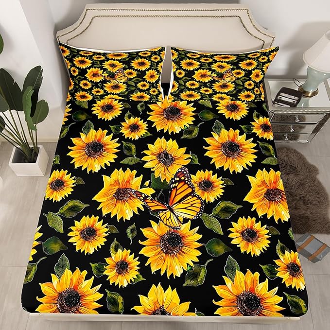 Feelyou Sunflower Bed Sheets Set Full Girls Yellow Floral Butterfly Sheet Set for Kids Women Bedroom Chic Flowers Pattern Bedding Set Botanical Nature Bedding Ultra Soft Twin Size with 2 Pillow Case