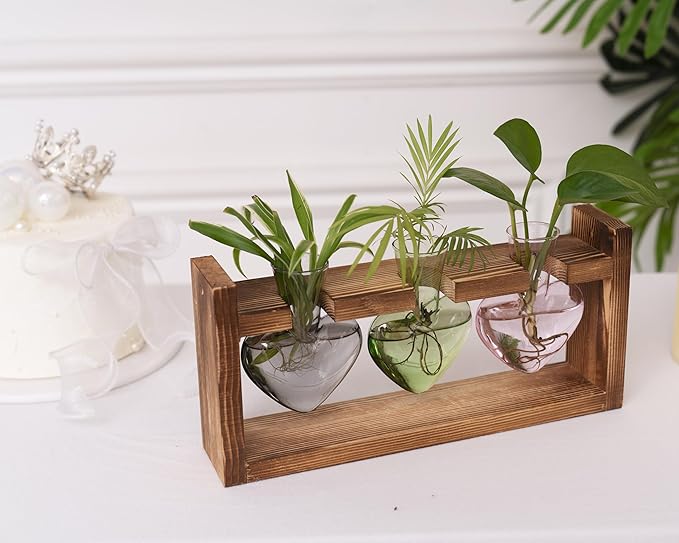 Kingbuy 3-Heart Plant Terrarium Kit - Stained Glass Vase Propagation Station with Vintage Wood Stand - Wall-Mounted & Tabletop Indoor Garden Decor for Home Kitchen Wedding (Grey, Green, Pink)