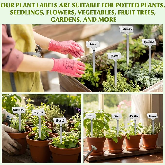30 Pcs Stainless Steel Plant Labels, Metal Waterproof Plant Markers, Height 12.6 in, Label Area 2.5 x 1.26 in T-Type Reusable Nursery Tags for Vegetable Herb Flower Seed with 2 Pens