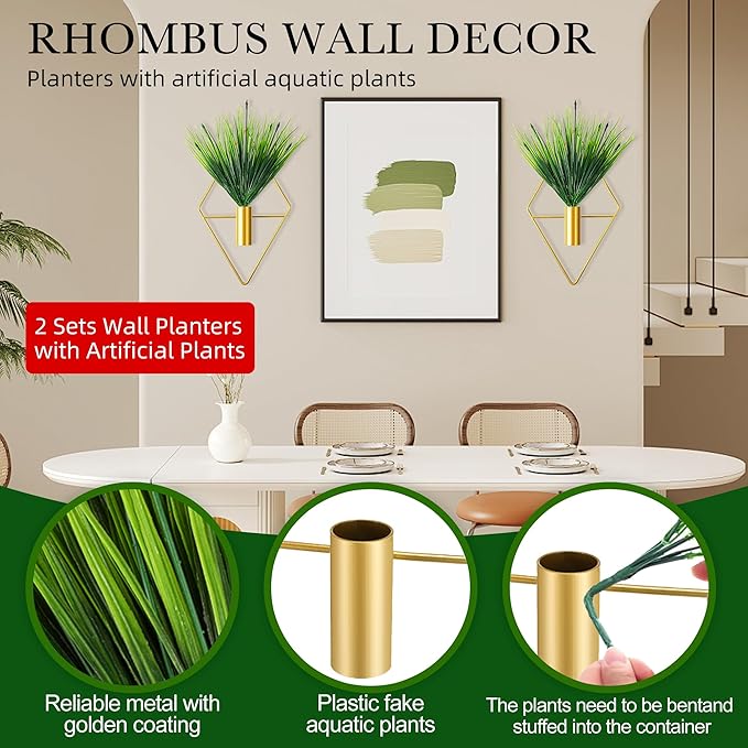 2 Pack Gold Wall Decor Hanging Planters with Artificial Plants Metal Hanging Vase Indoor Plants Holder Modern Boho Wall Art for Bathroom Bedroom Living Room Office (Gold, Aquatic Plant)